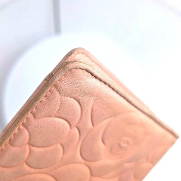 CHANEL Wallet Lambskin Camellia Embossed Flower Long Wallet Pink Beige CC Silver - Picture 5 of 12